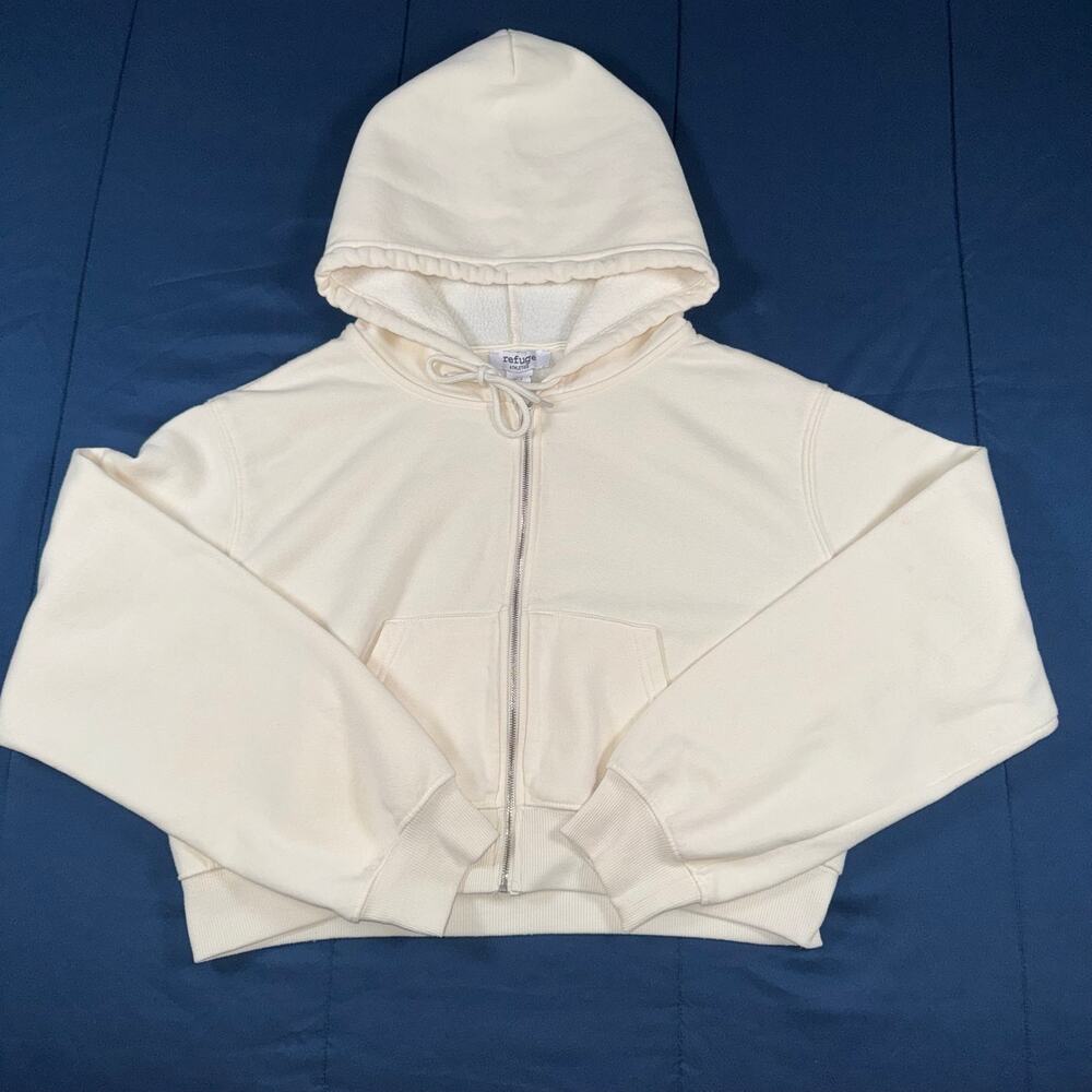 Refuge Athletics Cream Cropped Zip Up Hoodie Women’s Large Fleece
